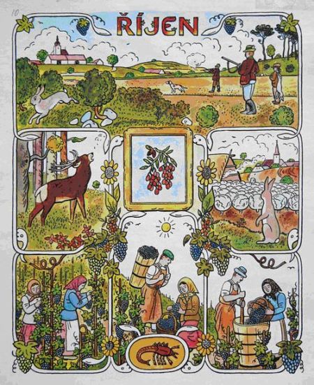 Josef Lada's calendar illustration for October (c. 1940s)